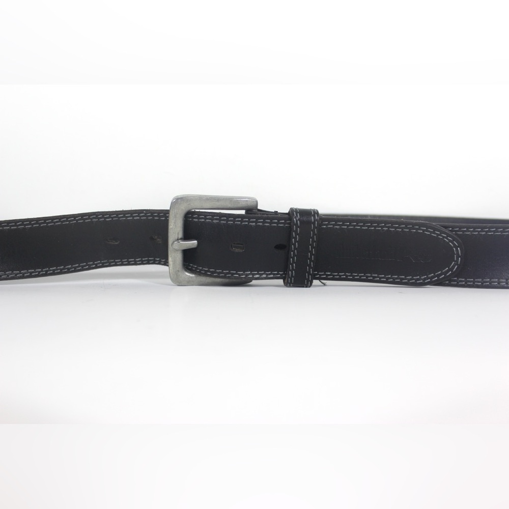 Timberland Pro 48 Genuine Black Leather Grey Topstitching Belt Silver Buckle